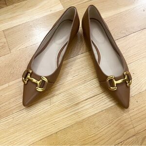 Boden Iris Snaffle Tan Leather Pointed Flats with Gold Equestrian Buckle